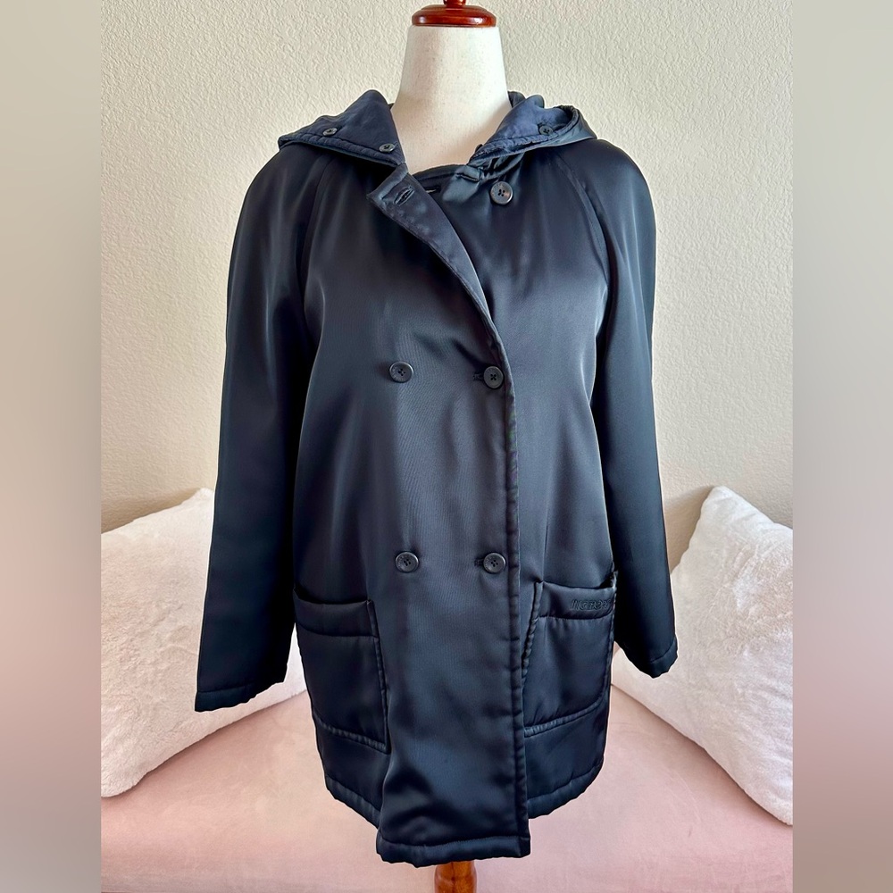 Authentic Ingeborg Pea Coat Style Hooded Jacket Womens approx Large Black Satin
